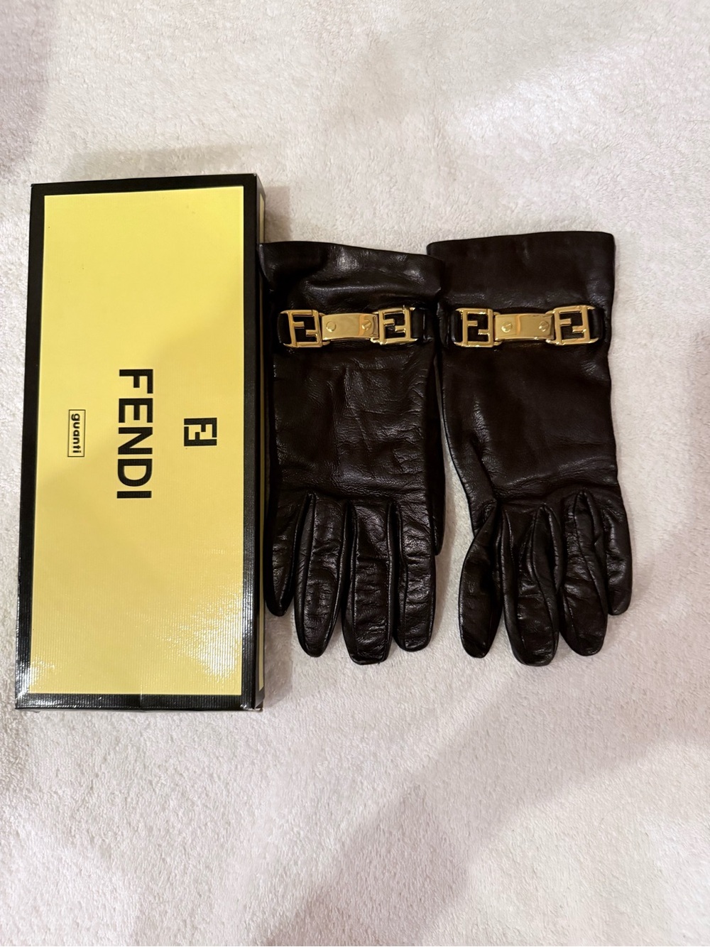 Fendi Black Leather Gloves with Gold Hardware